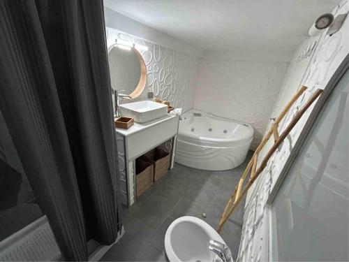 a bathroom with a sink and a toilet and a mirror at A un passo dal Castello Maschio ANGIOINO Appartment in Naples