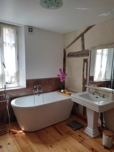 a bath tub and a sink in a bathroom at Chambre de Charme in Mirepoix