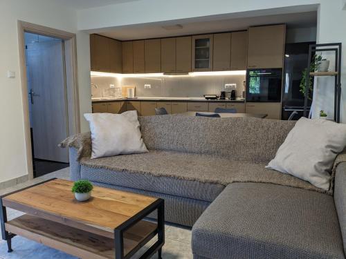 a living room with a couch and a coffee table at Ethos Apartment in Nea Peramos