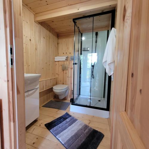 ein Bad mit einem WC und einer Glasdusche in der Unterkunft Zagroda Zabłocie 