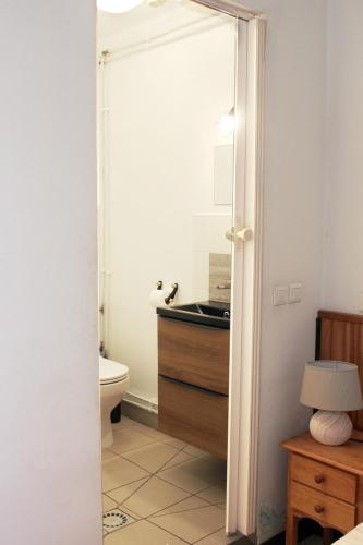 a bathroom with a toilet and a sink at Le moulin de vaux in Nochizé