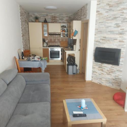 Sala de estar con sofá gris y mesa en Byt, Vlasákova 2759, Mělník, en Mělník