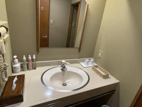 a bathroom with a white sink and a mirror at Shofuen in Gamagori