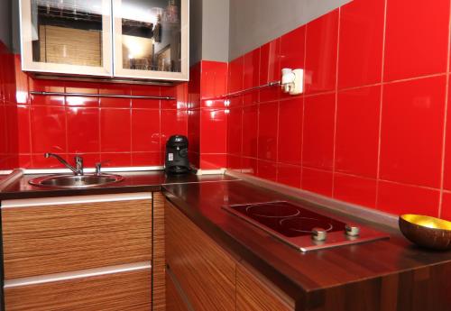 ティミショアラにあるMonique's 2 rooms Apartmentの赤い壁のキッチン(シンク付)