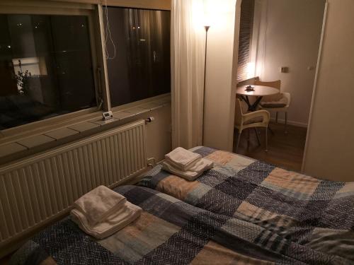 een slaapkamer met een bed met 2 kussens erop bij Bordine Guesthouse in Leeuwarden