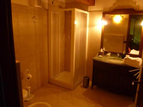 een badkamer met een wastafel, een douche en een toilet bij Casolare Fratina 