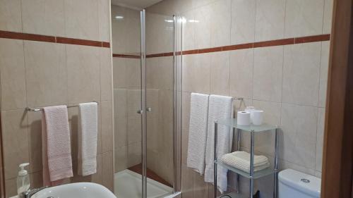 a bathroom with a shower and a toilet and towels at Parreirais dos Moquinhos in Minde