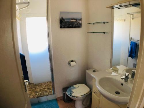 une salle de bain avec toilettes et lavabo dans l'établissement Résidence Les Jardins de la Clape, à Narbonne-Plage