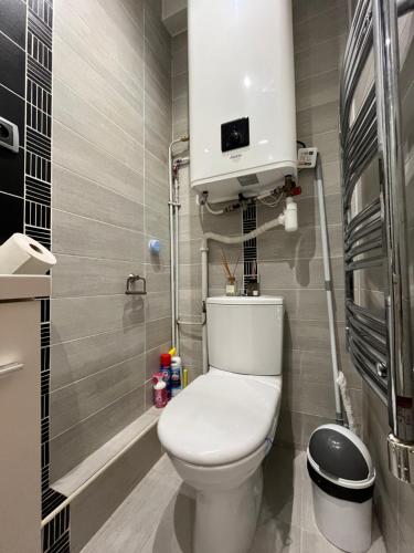 a small bathroom with a toilet and a shower at Dream Dwell Paris-Chic flat in the heart of Marais near Pompidou Centre in Paris