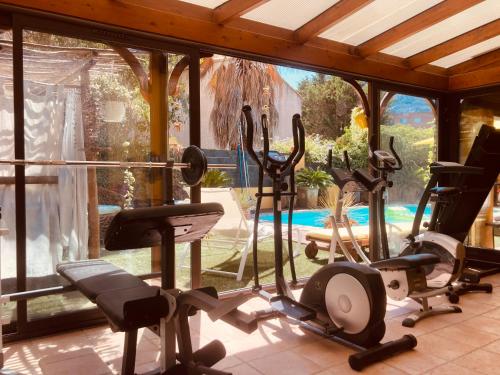 a gym with cardio equipment in front of a pool at chez Guy in Marseille
