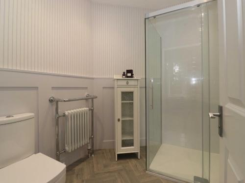 a bathroom with a glass shower and a toilet at Redwood Rise Apartment Keswick in Keswick