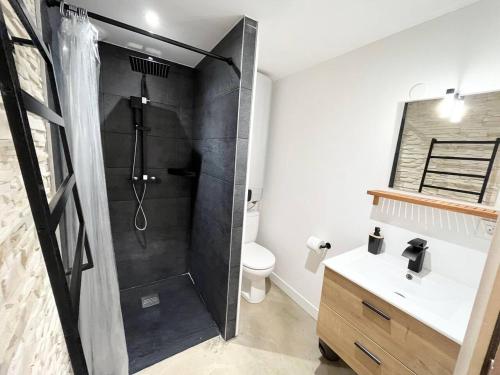 une salle de bain avec une douche, des toilettes et un lavabo dans l'établissement Charmant P2 Cabine, vue exceptionnelle sur le port, au Grau-du-Roi