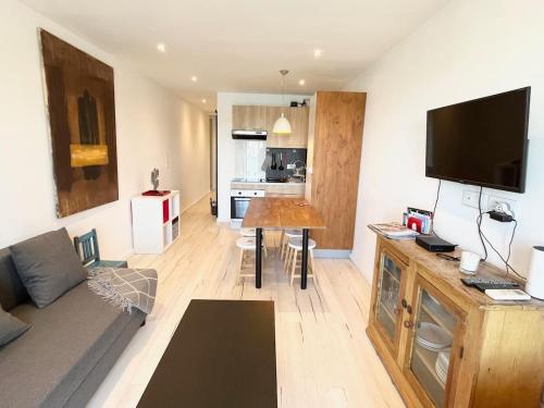 un salon avec un canapé et une télévision à écran plat dans l'établissement Charmant P2 Cabine, vue exceptionnelle sur le port, au Grau-du-Roi