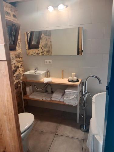 La salle de bains est pourvue d'un lavabo, de toilettes et d'un miroir. dans l'établissement La Gavina, à Beáriz