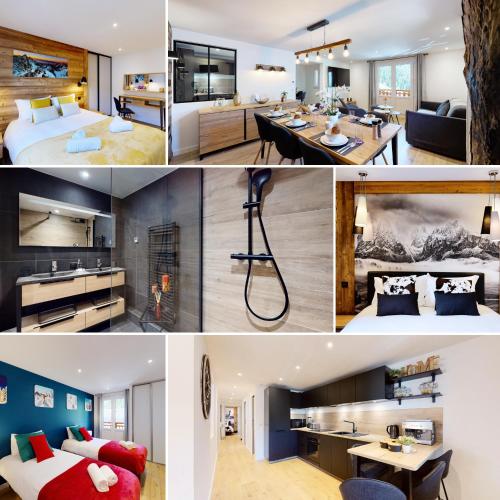 a collage of photos of a hotel room at Élégant et Moderne avec Vue Montagne au Coeur de Paradiski - Garage - 8pers - 90m2 - Sabaudinha in Champagny-en-Vanoise
