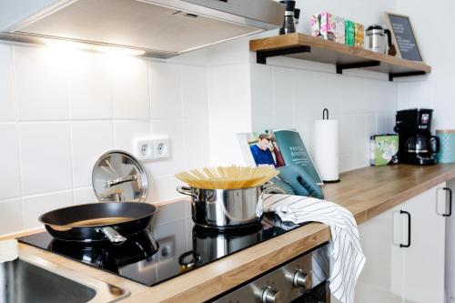um balcão de cozinha com uma panela no fogão em Modernes Apartment Lieblingsfleck I 2 Schlafzimmer I 4 Betten I Zentrumsnah em Eberswalde