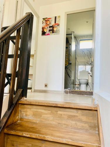 un escalier menant à une salle de bains avec toilettes. dans l'établissement Duplex climatisé avec une terrasse sur jardin, à Montmorency