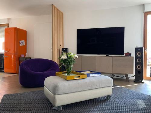 sala de estar con TV y silla morada en Appartement terrasses proche Orly & Paris, en Chevilly-Larue