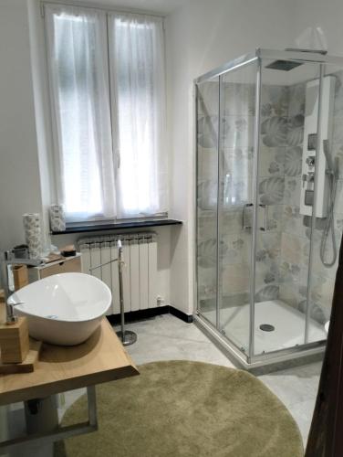 a bathroom with a shower and a white sink at CA DU STEA in Lavagna