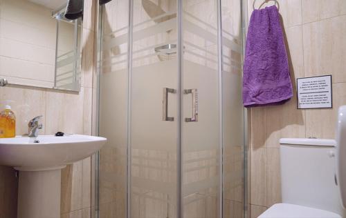 La salle de bains est pourvue d'une douche et d'un lavabo. dans l'établissement Albergue A Nave de Ferreira, à Lugo
