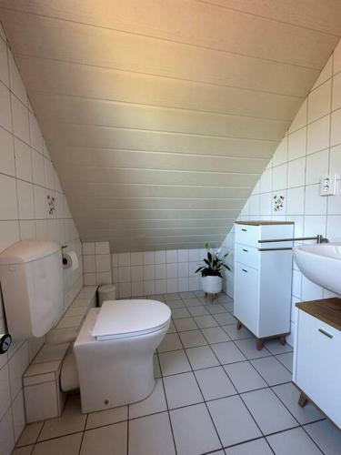 a bathroom with a toilet and a sink at Idyllische Ferienwohnung Sillenstede in Schortens