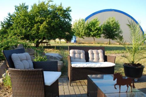 a patio with two wicker chairs and a glass table at Ruhige-Ferienwohnung-auf-Pferdehof in Dreetz