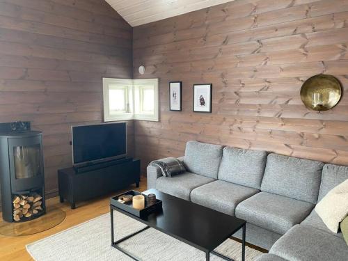 sala de estar con sofá y TV en Hytteleilighet på Strandafjellet, en Stranda