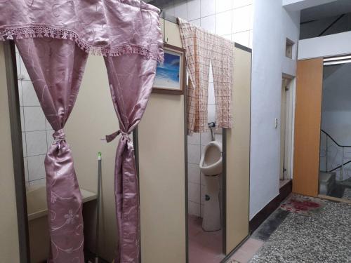 ein Badezimmer mit einem Urinal und einem lila Vorhang in der Unterkunft 三角窗民宿 