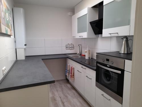 a kitchen with white cabinets and a washer and dryer at Ferienwohnung in Lemgo-Brake, 3 Zimmer in Lemgo