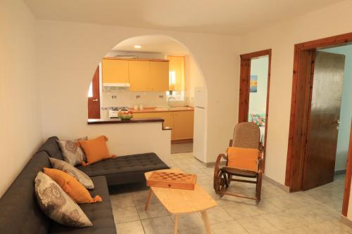 sala de estar con sofá y cocina en Η Ροδιά - Rodia en Agios Nikolaos