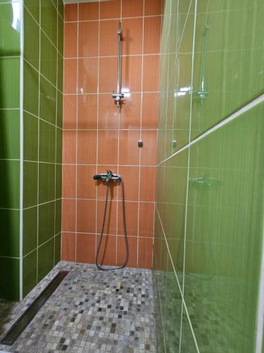 y baño con ducha de azulejos verdes y naranjas. en Apartman LENI2 u centru Zajecara, en Zajecar