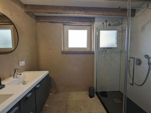a bathroom with a shower and a sink at Celon Nous - La Porcherie in Célon