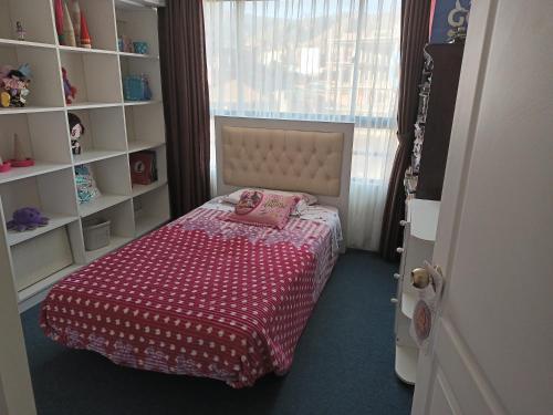拉巴斯的住宿－acogedor departamento，一间小卧室,配有床和书架