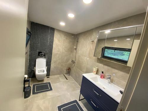a bathroom with a toilet and a sink and a mirror at Muhafazakar Müstakil Aile Villası 