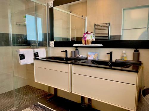 une salle de bain avec un lavabo et un miroir dans l'établissement Un Joyau vue Mer Cap d'Antibes Piscine Body Fitness Sauna & Plage, à Antibes