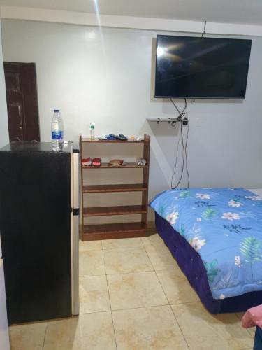 a small room with a refrigerator and a small bed at Vee female hostel in Wupa