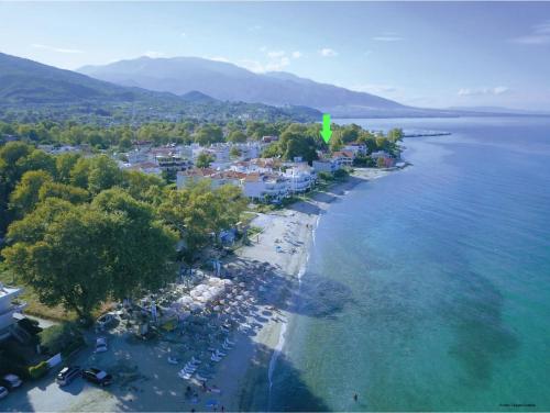 an aerial view of a beach and the ocean at Niki Apartments Sea View Attic in Platamonas