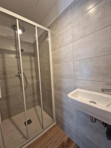 une salle de bain avec douche et lavabo dans l'établissement Résidence Fiori di Cala Rossa, à Lecci