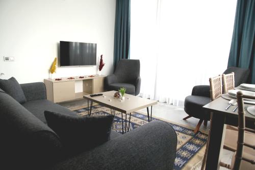 a living room with a couch and chairs and a tv at Ethica Suite Luxury Houses in Aksu