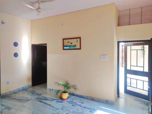 Zimmer mit Tür und Pflanze an der Wand in der Unterkunft Luxurious 3BHK Urban Retreat Homestay in Jaipur