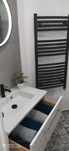 een badkamer met een witte wastafel en een spiegel bij La Terra-cotta - 1 à 4 personnes in Lieusaint