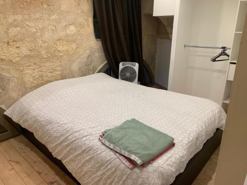 uma cama com uma toalha verde em cima em chambre avec salle de bain et cuisine privée centre ville historique avec climatisation et patio em Bordeaux