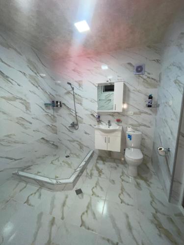 a marble bathroom with a toilet and a sink at Mountain Heaven 