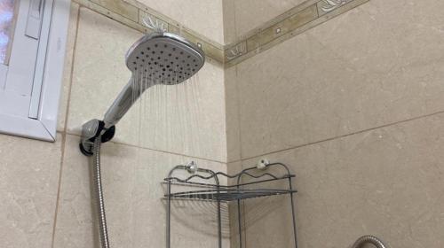 a shower with a shower head on a wall at Sonego suite in Acre