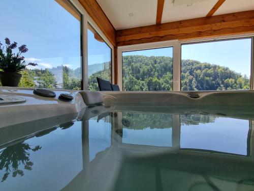a swimming pool with a view of the mountains at Hiška Erika - Wood House Erika in Šoštanj