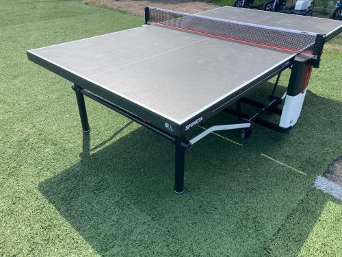 a ping pong table with a net on a field at Viesu Nams Dzirkaļi in Ventspils