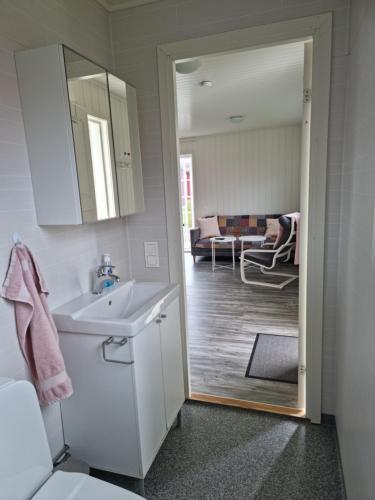 a bathroom with a sink and a mirror and a living room at Hallagårdens stugby in Varberg