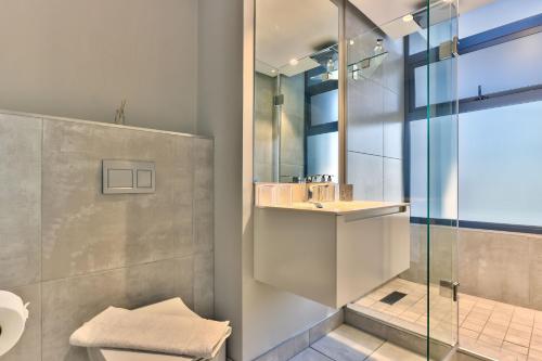 La salle de bains est pourvue d'une douche, de toilettes et d'un lavabo. dans l'établissement Elegant apartment in the City, au Cap