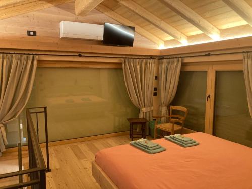 a bedroom with a bed and a tv on the ceiling at Antico fienile in Belluno
