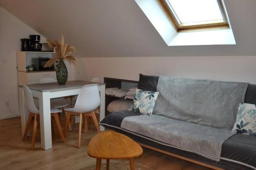 un salon avec un canapé et une table dans l'établissement Appartement Le Filaterie sous les toits, à Annecy